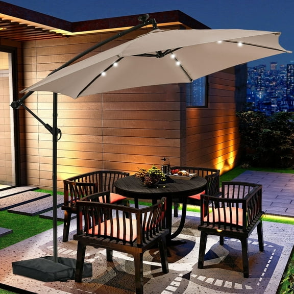 Ainfox 10ft Cantilever Patio Umbrella with Lights, Offset Market Umbrella with Sandbags Weighted Base and Cross Base,Khaki