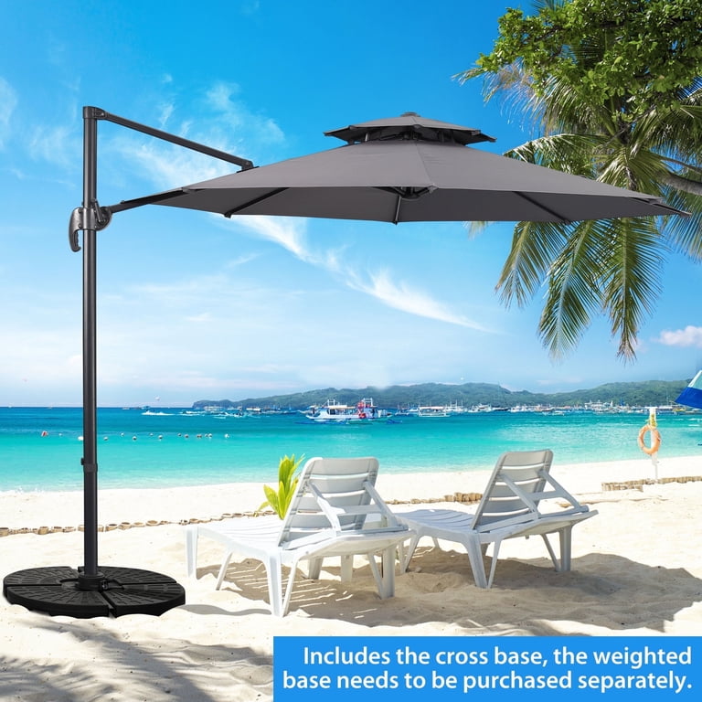 ainfox outdoor 10ft solar cantilever offset hanging patio umbrella with Lights, Market Umbrella with Sandbags Weighted Base and Cross Base Khaki / with Lights This is because you can get them to rotate 360 degrees to follow the suns positioning throughout the day Ainfox 10ft Cantilever Offset Patio