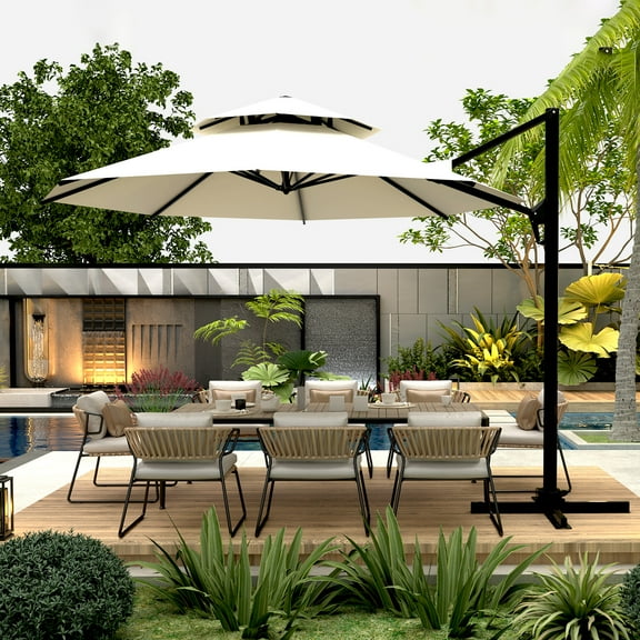 Ainfox 10ft Double Top Heavy-Duty Patio Cantilever Umbrella with Cross Base,5-Year-Non-Fading Outdoor Large Offset Hanging Aluminum Rotation Sun Shade Umbrella with 360°Rotation Adjustable，Beige