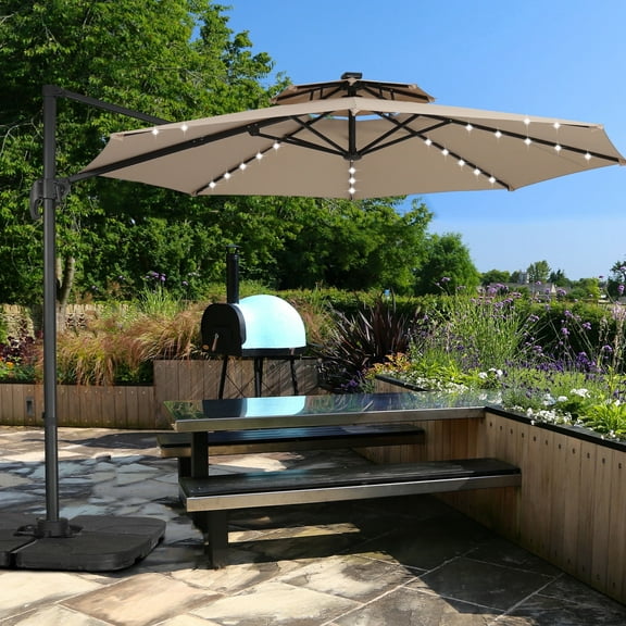 Ainfox 10ft Double Top Heavy-Duty Patio Cantilever Umbrella with lights and Cross Base, Outdoor Large Offset Hanging Aluminum Rotation Sun Shade Solar Umbrella with 360°Rotation Adjustable,Khaki