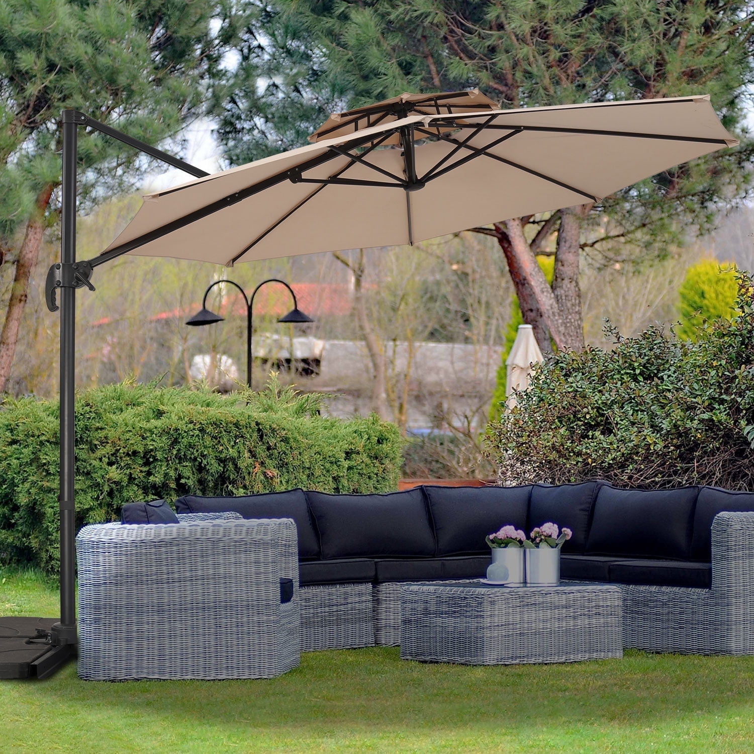Ainfox 10ft Heavy-Duty Patio Cantilever Umbrella with Cross Base, Beige - 360° Rotation, UV-Resistant Offset Sun Shade