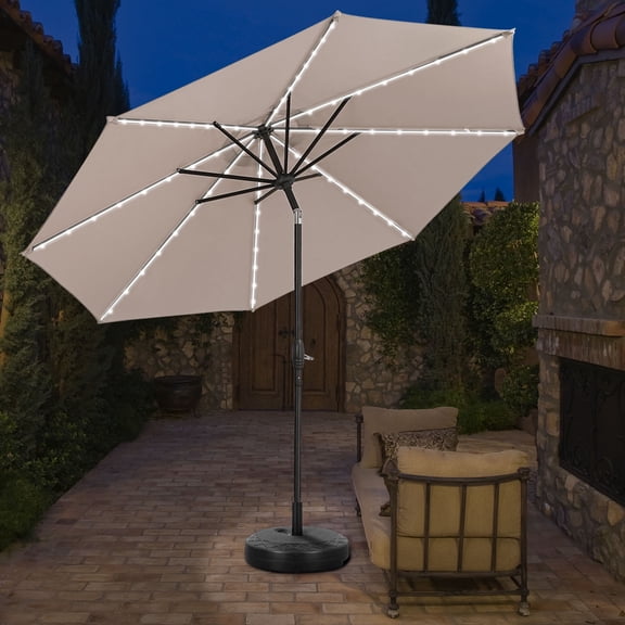 Ainfox 10ft Patio Led Lighted Umbrella with Weight Base,Outdoor Table Sun Shade Umbrellas with Push Button Tilt/Crank, 8 ribs, Lake Blue