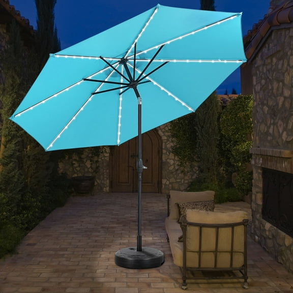 Ainfox 10ft Patio Led Lighted Umbrella with Weight Base,Outdoor Table Sun Shade Umbrellas with Push Button Tilt/Crank, 8 ribs, Lake Blue