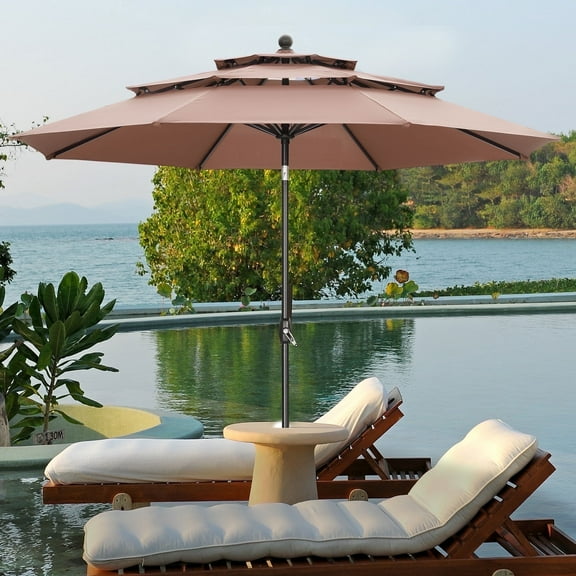 Ainfox 10ft Patio Umbrella 3 Tiers,Outdoor Table Market Umbrella w/Tilt Adjustment and Crank for Garden,Deck,Beach,Backyard,Pool,Coffee