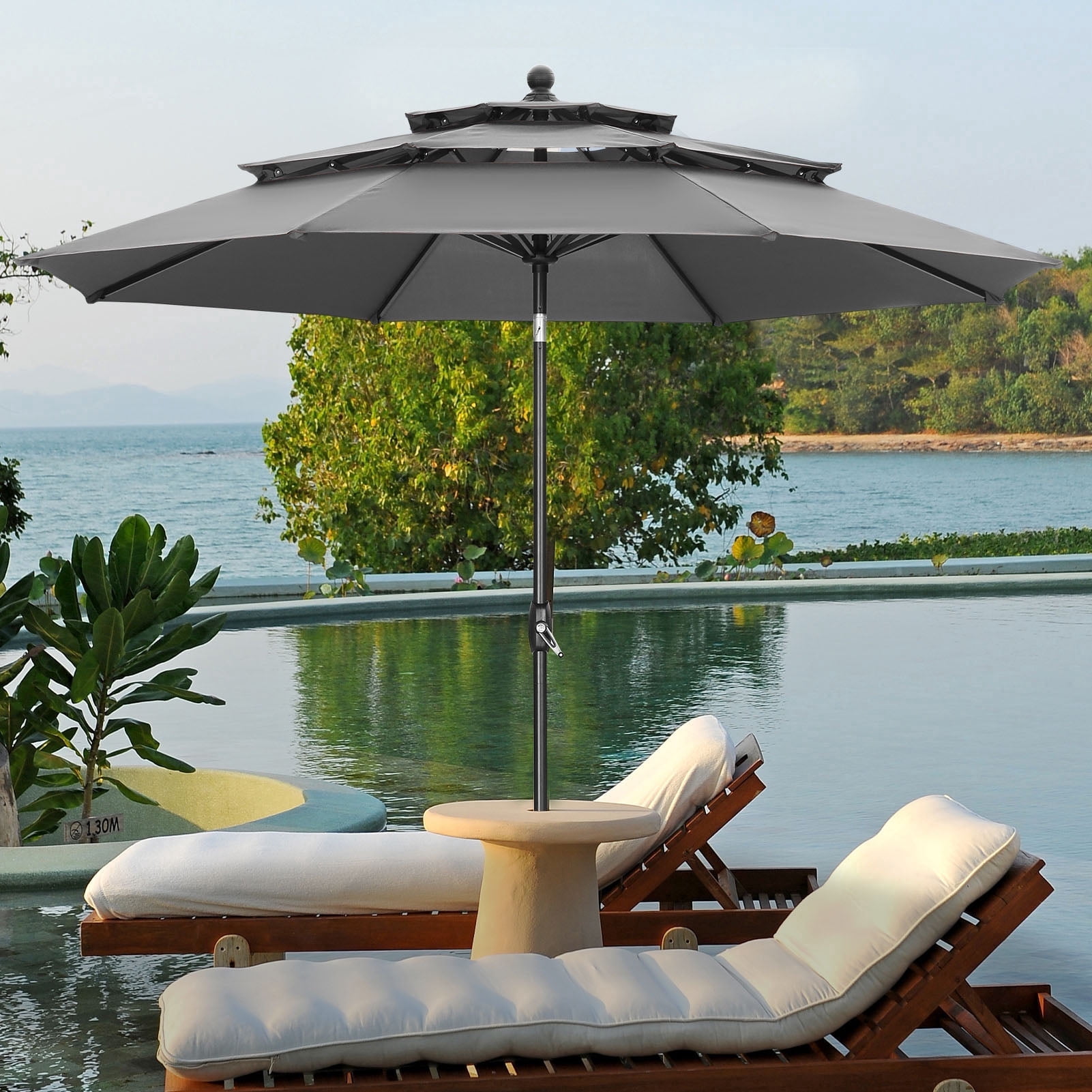 Ainfox 10ft Patio Umbrella 3 Tiers,Outdoor Table Market Umbrella w/Tilt Adjustment and Crank for Garden,Deck,Beach,Backyard,Pool,Grey
