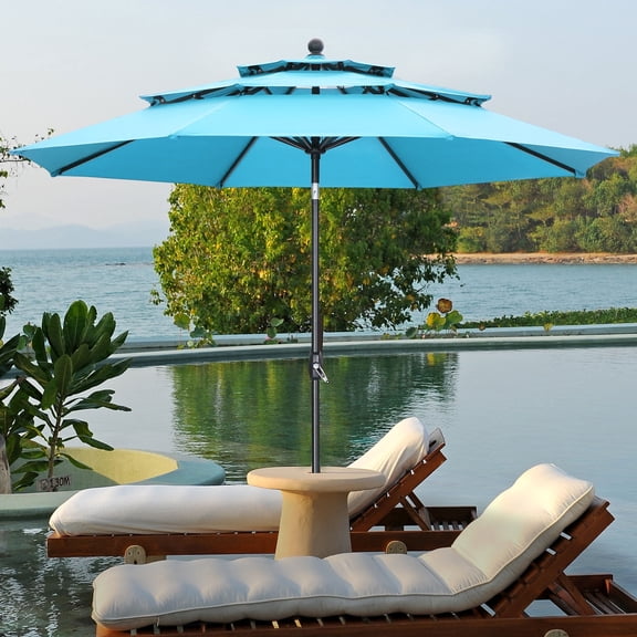 Ainfox 10ft Patio Umbrella 3 Tiers,Outdoor Table Market Umbrella w/Tilt Adjustment and Crank for Garden,Deck,Beach,Backyard,Pool,Light Blue