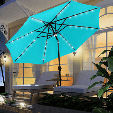 Ainfox 10ft Patio Umbrella Outdoor Solar Powered with 40 LED Lights,One Center Light and 8 Sturdy Ribs Without Base(Bule)