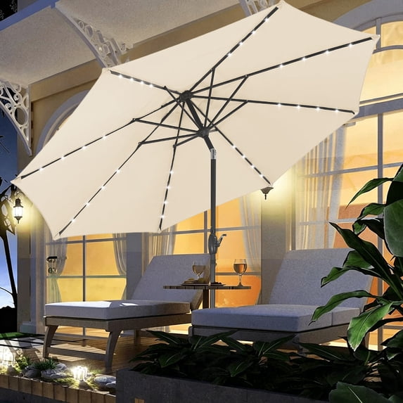 Ainfox 10ft Patio Umbrella Outdoor Solar Powered with LED Lights,One Center Light and 8 Sturdy Ribs,Khaki