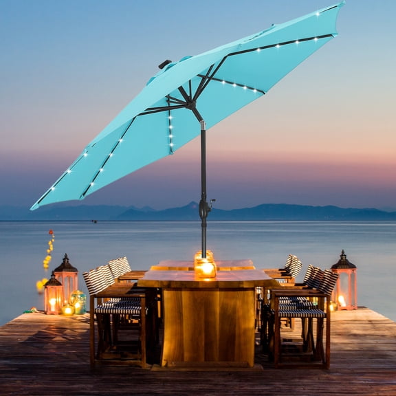 Ainfox 10ft Patio Umbrella with lights, Outdoor Table Sun Shade Umbrellas with Push Button Tilt/Crank, 8 ribs,Lake Blue