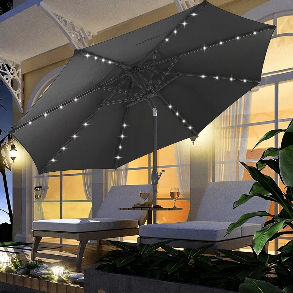 10 ft black patio umbrella Ainfox 10ft Patio Umbrella with lights, Outdoor Table Sun Shade Umbrellas  with Push Button Tilt/Crank, 8 ribs, Black