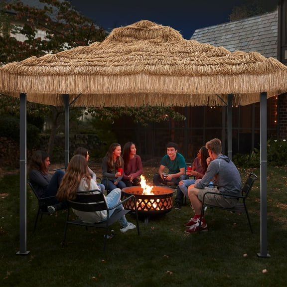 Ainfox 10x10 Thatched Tiki Pavilion Gazebo, Patio Gazebo with Straw Thatch Roofing, Hawaiian Style Steel Frame
