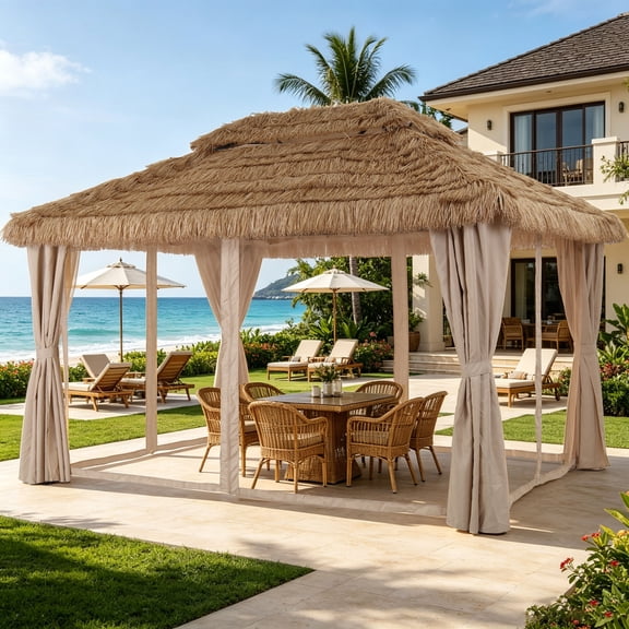 Ainfox 10x13 FT Outdoor Straw Patio Gazebo with Curtains &Mosquito Netting, 2-Tier Ventilated Thatch Roof Tiki Hut Shade Canopy for Backyard Pool Deck