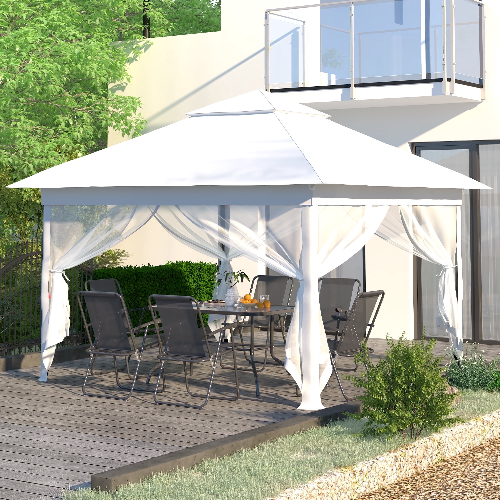 Ainfox 11x11 ft Outdoor Patio Pop Up Canopy Gazebo with Heavy Duty Frame, Mosquito Netting & UV Protection,White