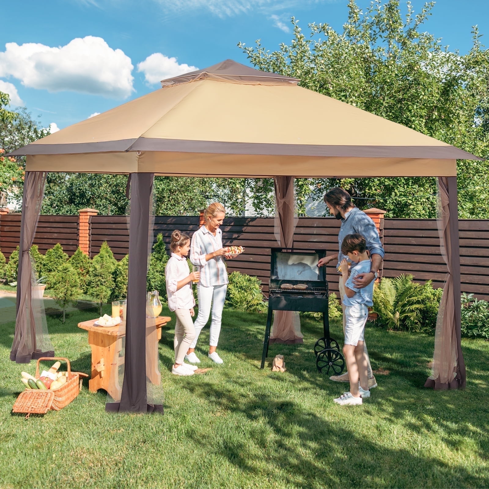 Ainfox 11 x 11 ft Patio Pop up Canopy Gazebo on Clearance, Outdoor Foldable Canopy Tent with Mosquito Netting,Coffee