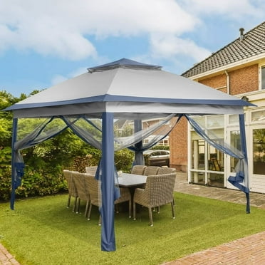 Ainfox 11 x 11 ft Patio Pop up Canopy Gazebo on Clearance, Outdoor Foldable Canopy Tent with Mosquito Netting, Navy Blue