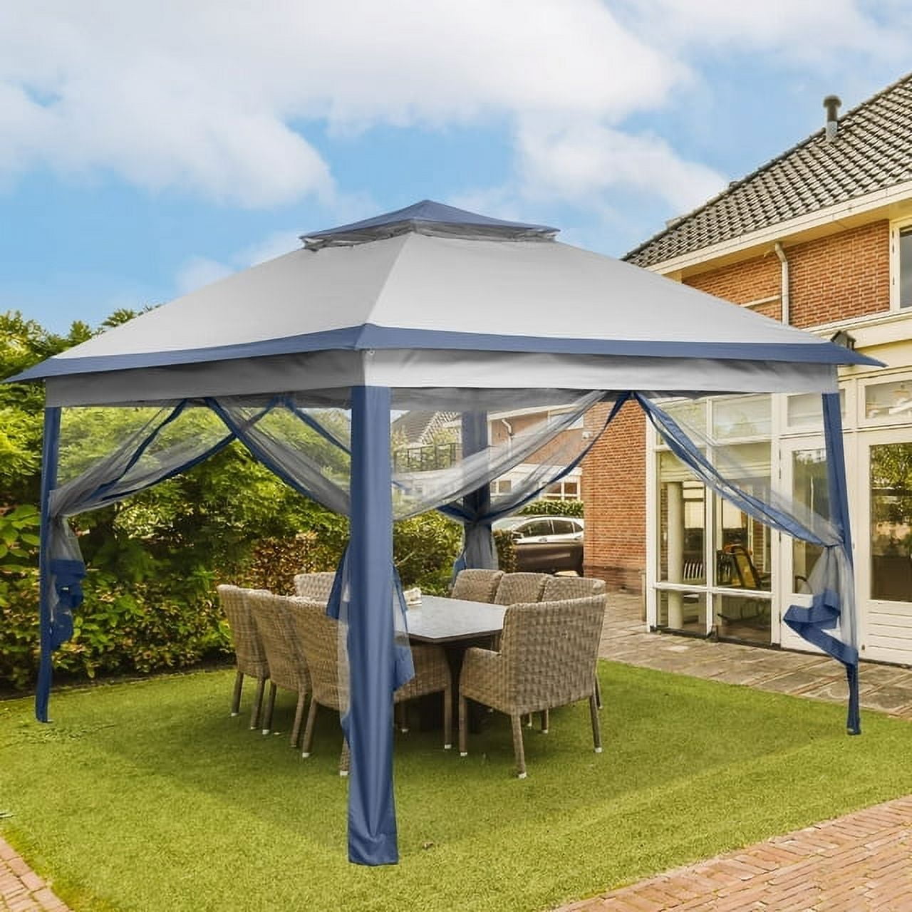Ainfox 11x11ft Waterproof Outdoor Garden Gazebo Canopy, Portable Shelter with Mosquito Netting & Bag, Navy Blue