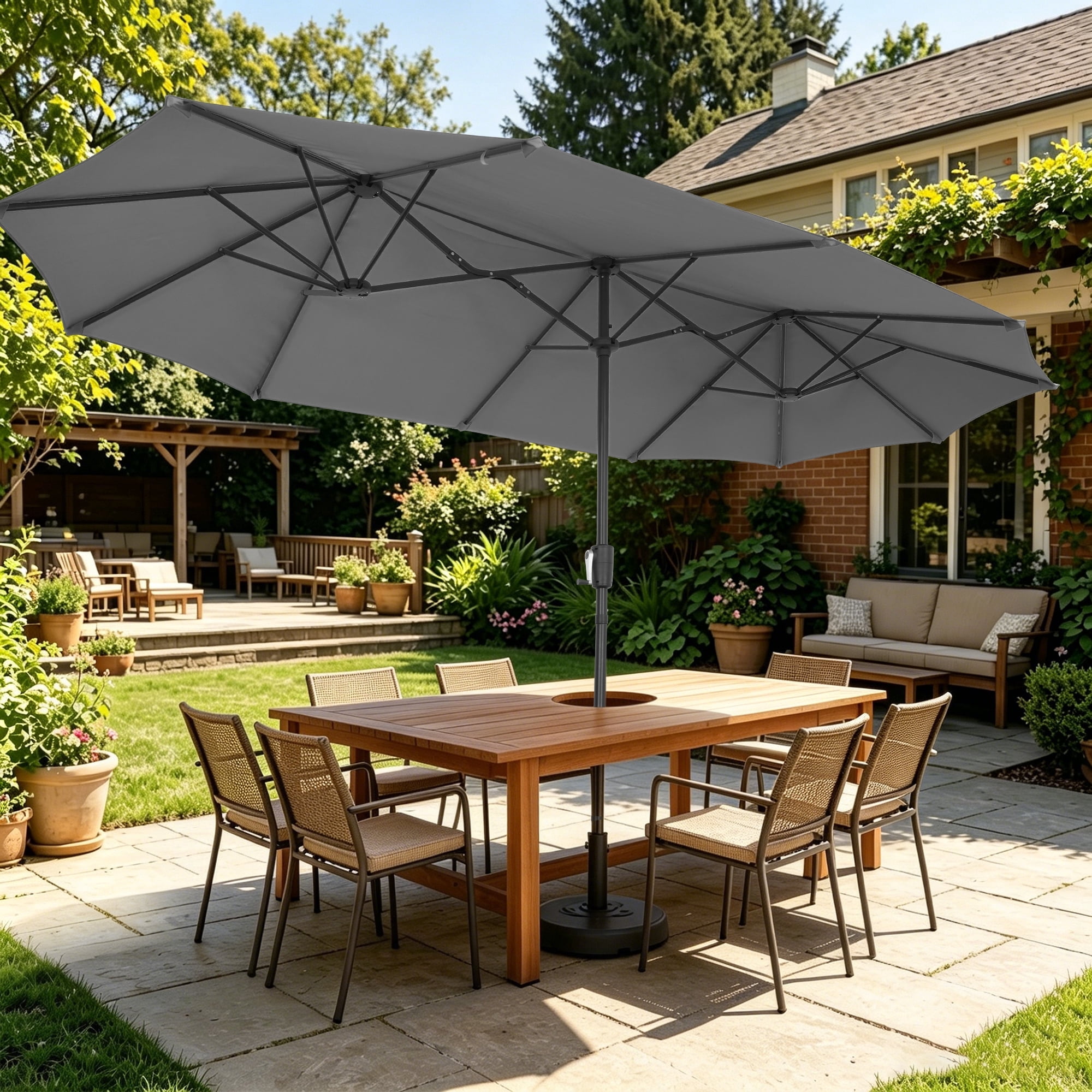large patio umbrellas near me 15ft Solar Double-Sided Extra Twin Umbrella with Led Light headed lighted patio umbrella spans over 8 feet wide and opens and closes smoothly with an easy Ainfox 13ft Large Patio Umbrella,