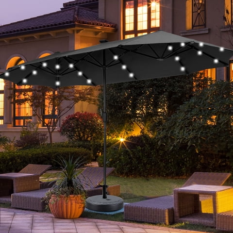 Ainfox 13ft Large Patio Umbrella with Solar Lights and Weighted Base, Outdoor Double-Sided Rectangle Market Umbrellas, Black
