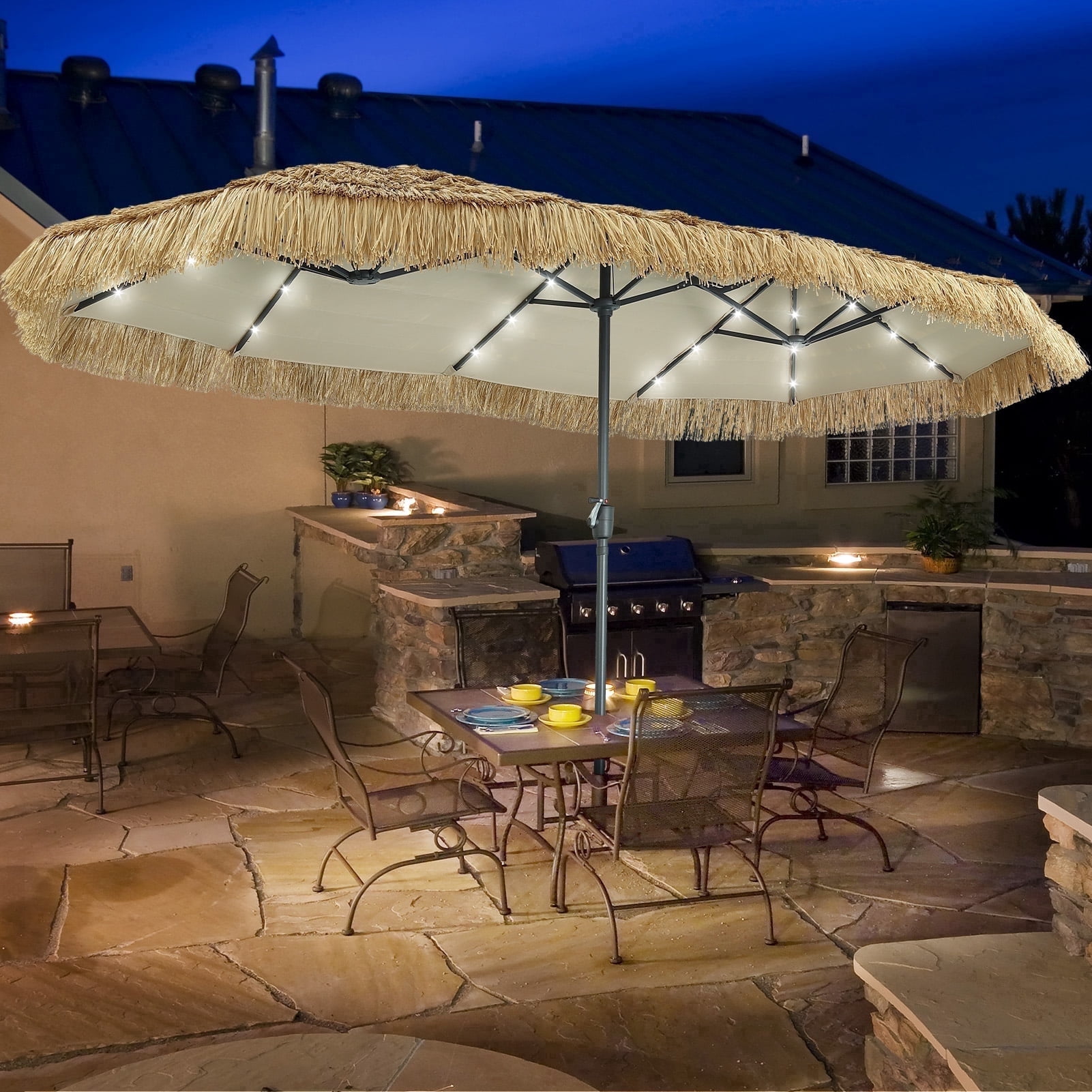 heavy duty patio umbrella with lights PHI VILLA 15ft Large Base & Solar Lights,Rectangle,Navy Premium Canopy Lighted Patio Umbrellas | Outdoor