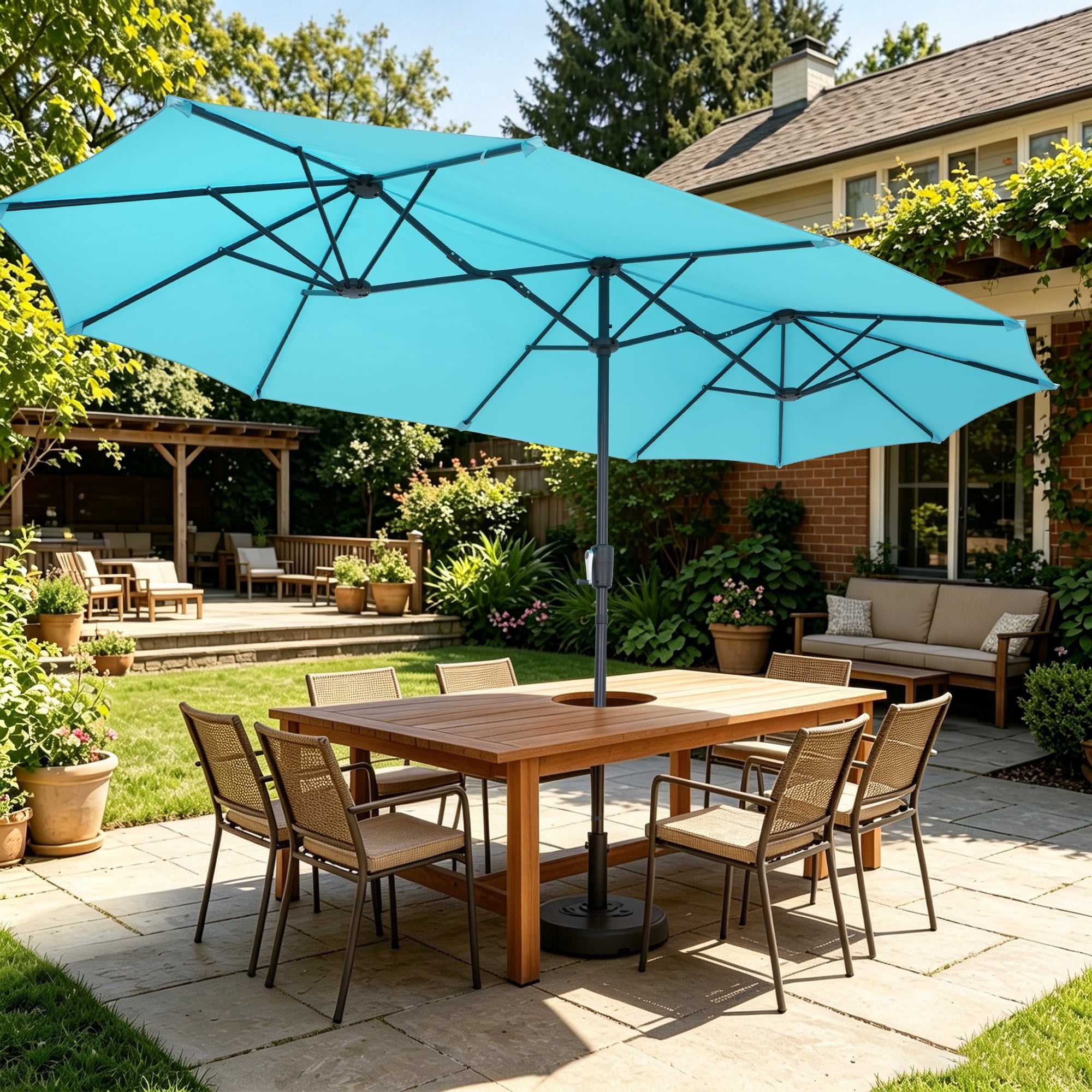 inexpensive patio umbrella 10 FT Umbrella, 3 Tier Outdoor Table with 8 Sturdy Glass Fiber Ribs and Push Button Tilt, Outdoor Patio Umbrellas for Market Pool Garden Backyard, 1.5" Pole, Champagne ( or lounging by the pool Ainfox 13ft Large Patio Umbrella,Outdoor
