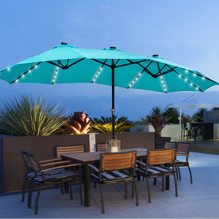 ainfox 15ft double-sided patio solar led lighted market umbrella Ainfox 15ft Large Patio Umbrella with Solar Lights, Double-Sided Outdoor  Rectangle Table Umbrellas with 48 LED Lights，Blue
