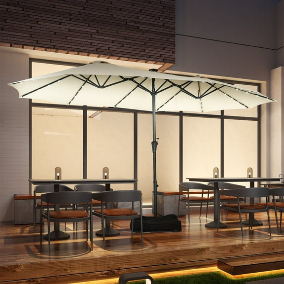 Ainfox 15ft Large Patio Umbrella with Solar Lights, Double-Sided Outdoor Rectangle Table Umbrellas with Sand Bag Base，Beige