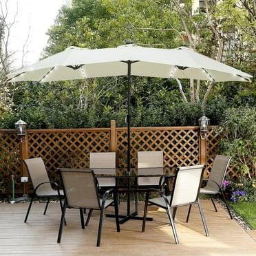 Ainfox 15ft Large Patio Umbrella with Solar Lights, Double-Sided Outdoor Rectangle Table Umbrellas with 48 LED Lights，White