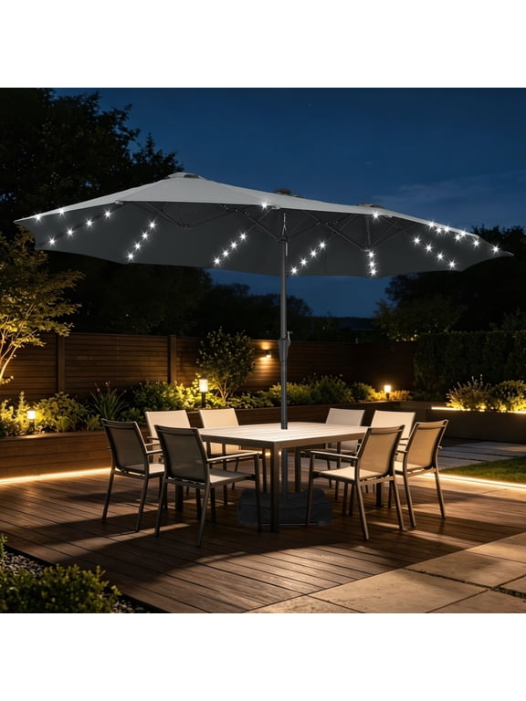 15ft Large Patio Umbrella with Solar Lights, Double-Sided Outdoor Rectangle Table Umbrellas with Fillable Weighted Sand Bag Base,Black