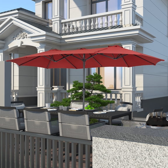 Ainfox 15ft Large Patio Umbrella, Double-Sided Outdoor Rectangle Table Umbrellas with Fillable Weighted Sand Bag Base,Red