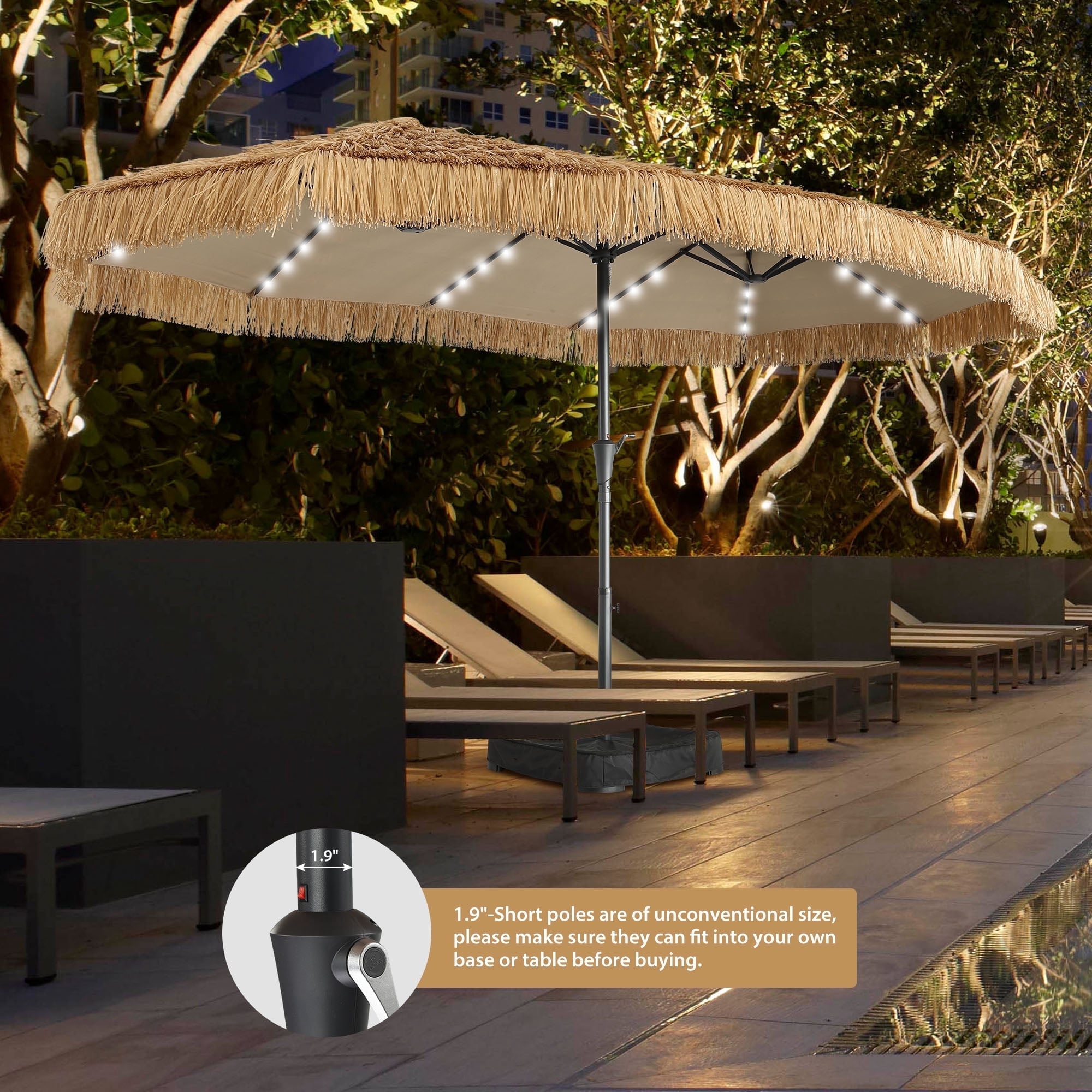 Ainfox 15ft Large Thatched Tiki Patio Umbrella with Lights and Weighted ...
