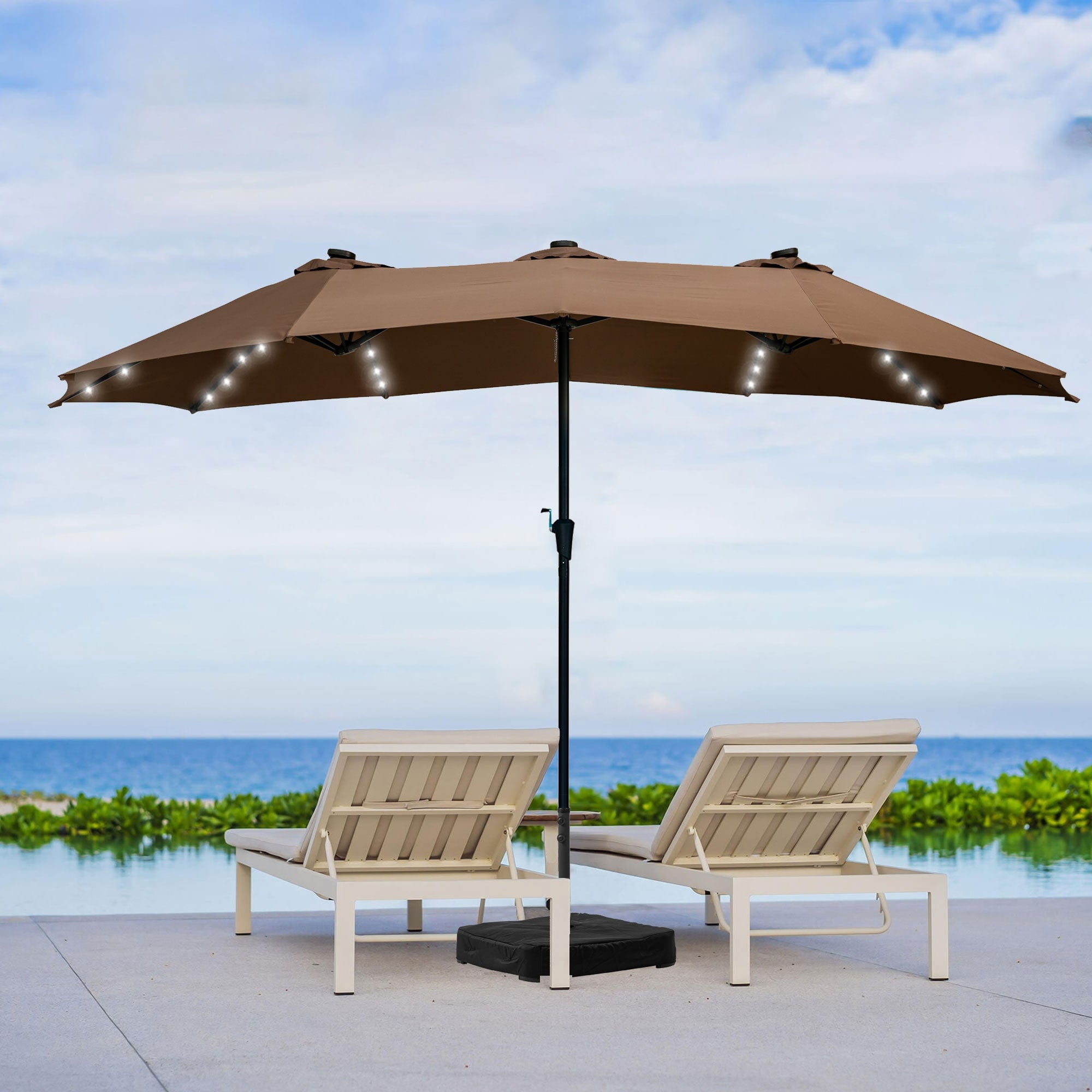 15ft Brown Patio Umbrella with Solar LED Lights and Base