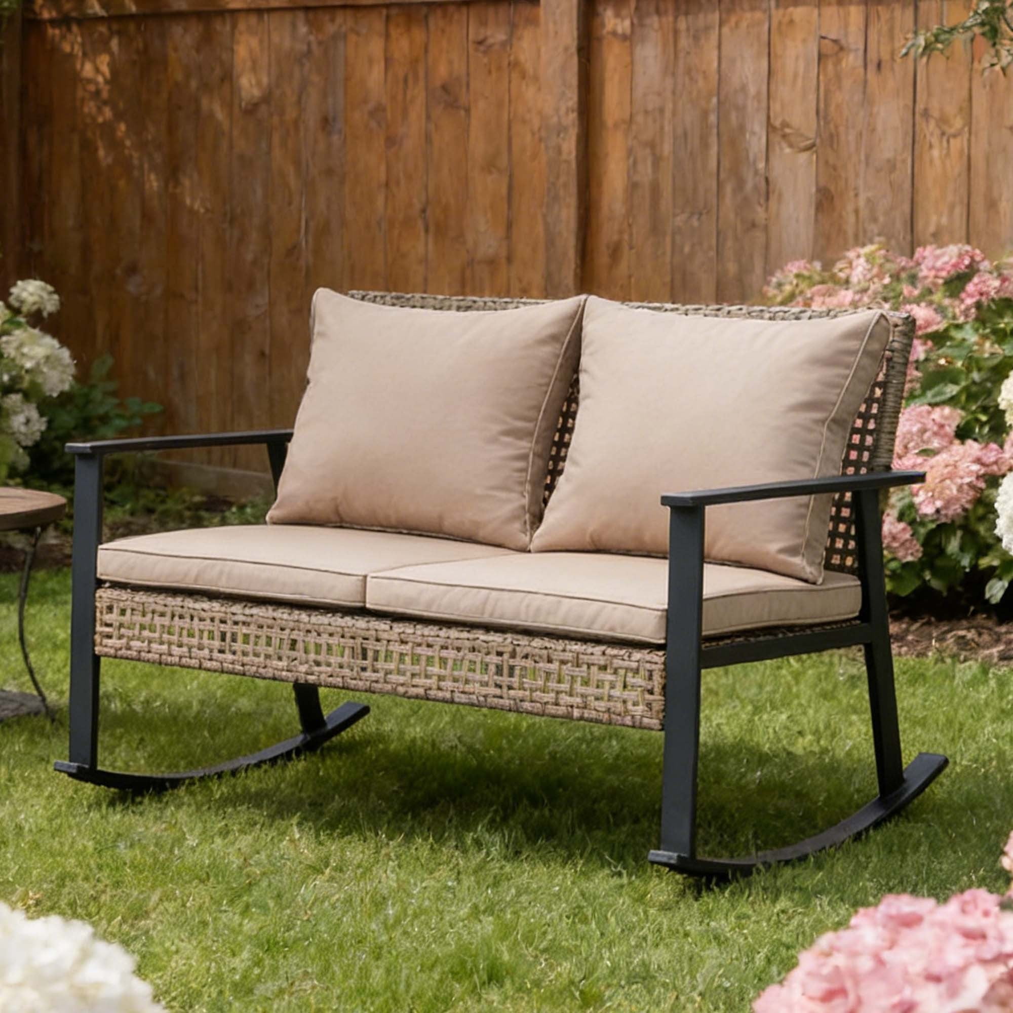 Ainfox Outdoor Rocking Loveseat High-back Rattan Wicker Patio Rocking 2-Seater Chair, Beige