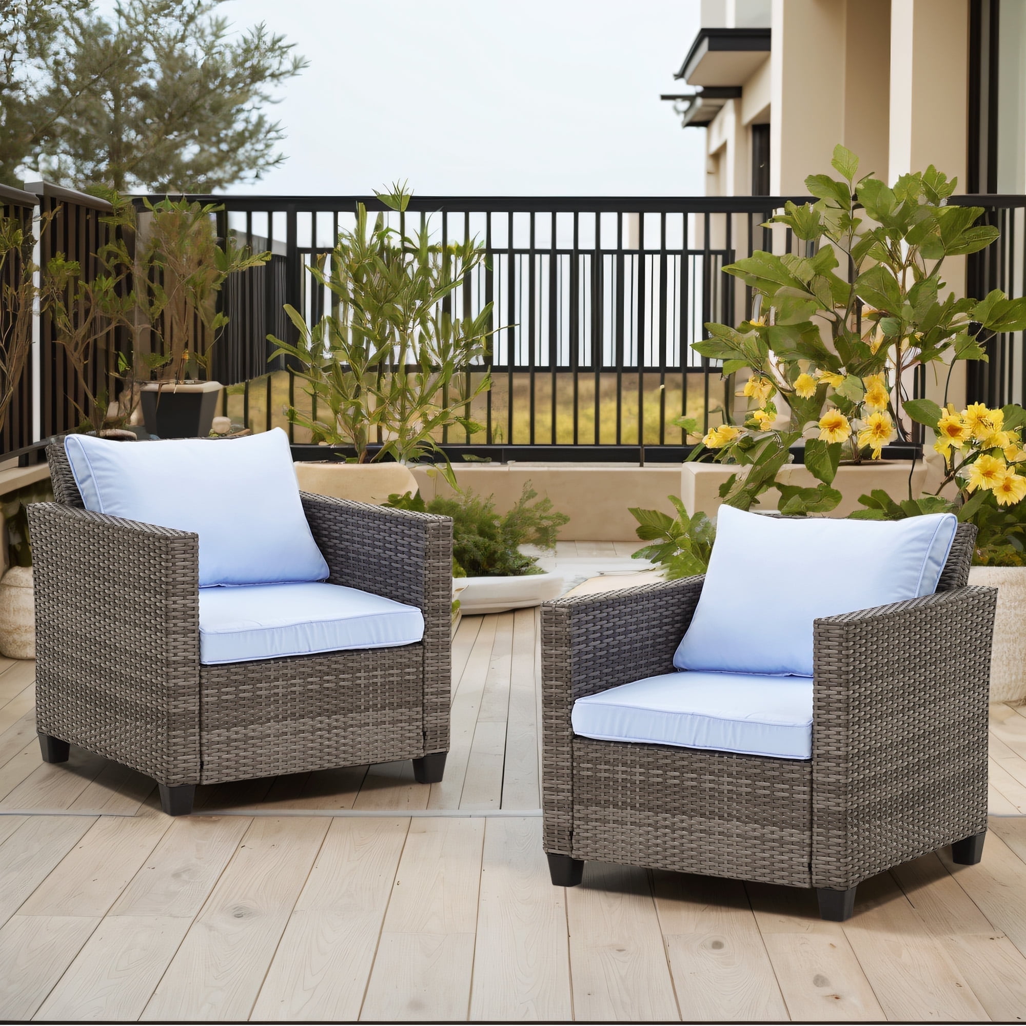 Ainfox 2 Piece High Back Rattan Wicker Patio Chairs Weather Resistant Cushions Blue Walmart