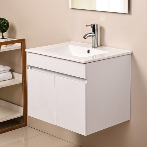 Ainfox 24" W Wall Mounted Bathroom Vanity with Ceramic Top and Sink, Storage Cabinet, Faucet Combo Set