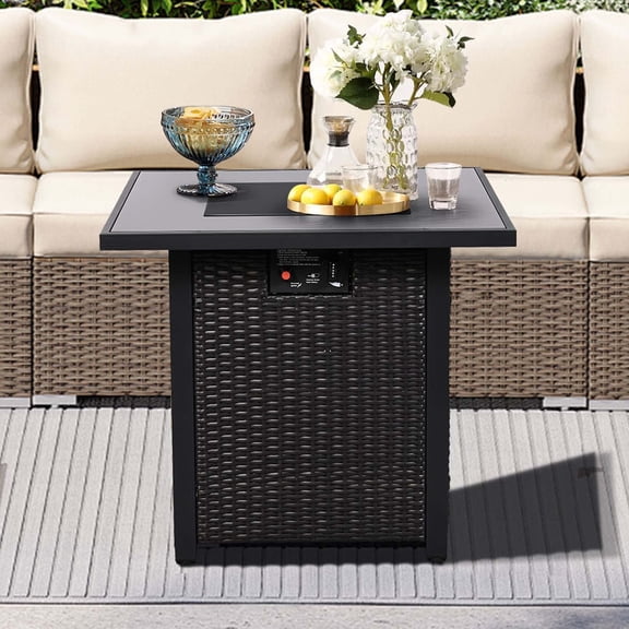 Ainfox 28'' Outdoor 2 in 1 Propane Fire Pit Table, Firepits for Outside Patio Deck Garden with Glass Wind Guard, Black