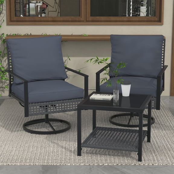 Ainfox 3-Piece Ourdoor Furniture Set- Premium Patio Swivel Bistro Set, Wicker Rattan Coversation Rocking Chairs w/Glass Top Table & Cushions,Grey