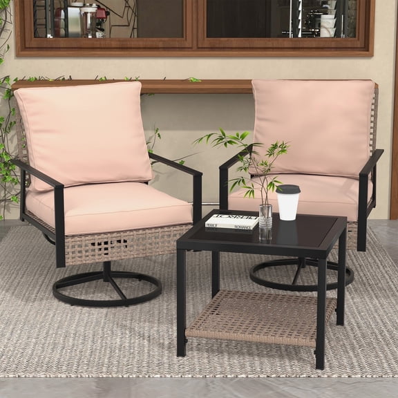 Ainfox 3-Piece Ourdoor Furniture Set- Premium Patio Swivel Bistro Set, Wicker Rattan Coversation Rocking Chairs w/Glass Top Table & Cushions,Khaki