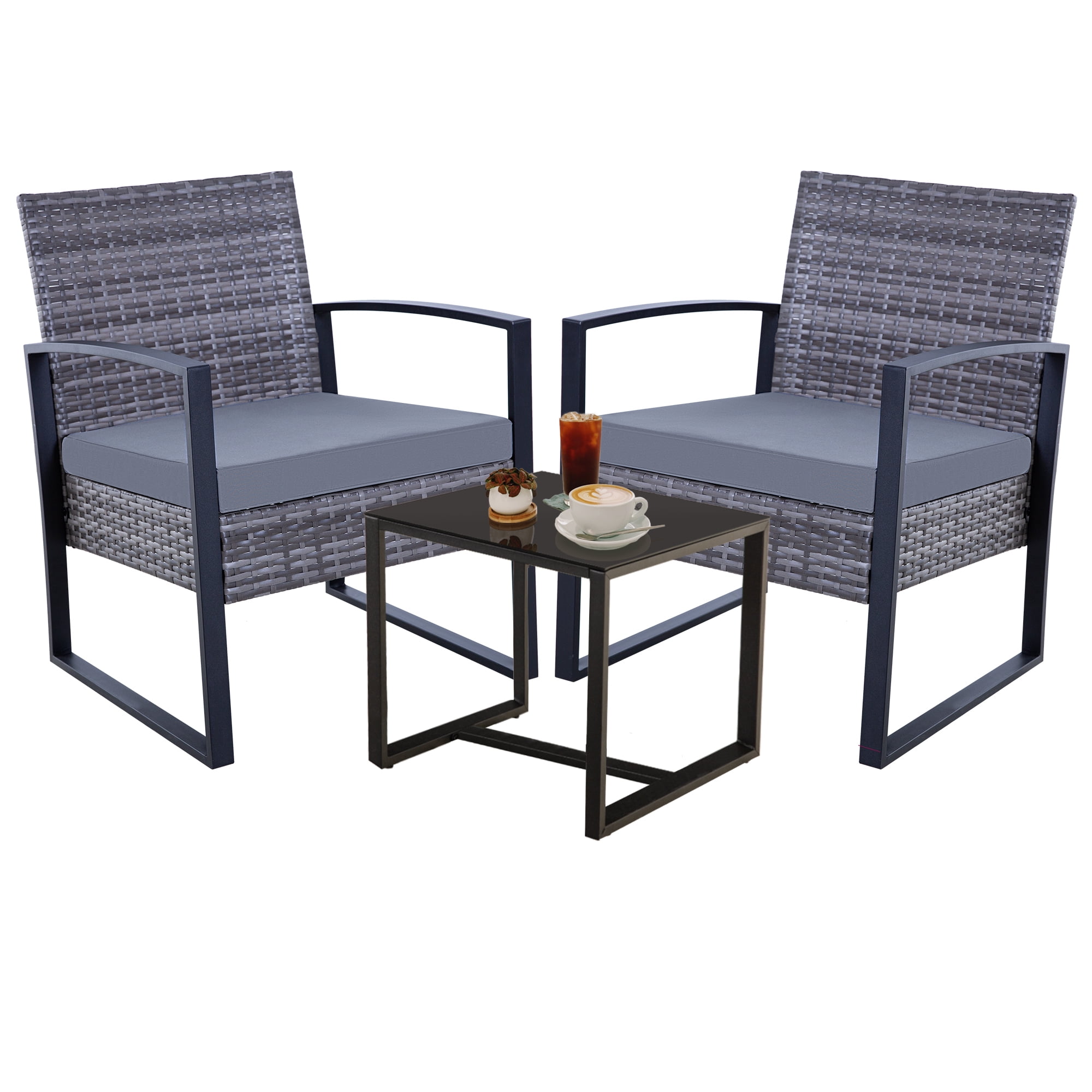 Ainfox 3 Piece Balcony Bistro Set, Outdoor Furniture with Wicker Rattan Chairs and Coffee Table, Grey