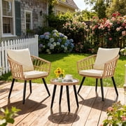 Ainfox 3-Piece Outdoor Wicker Bistro Set, All-Weather Rattan Chairs with Washable Cushions and Tempered Glass Table, Beige & Yellow