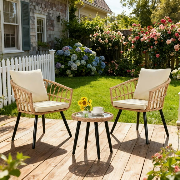 Ainfox 3-Piece Steel Outdoor Bistro Sets with Metal Chairs and Glass Top Table, Beige