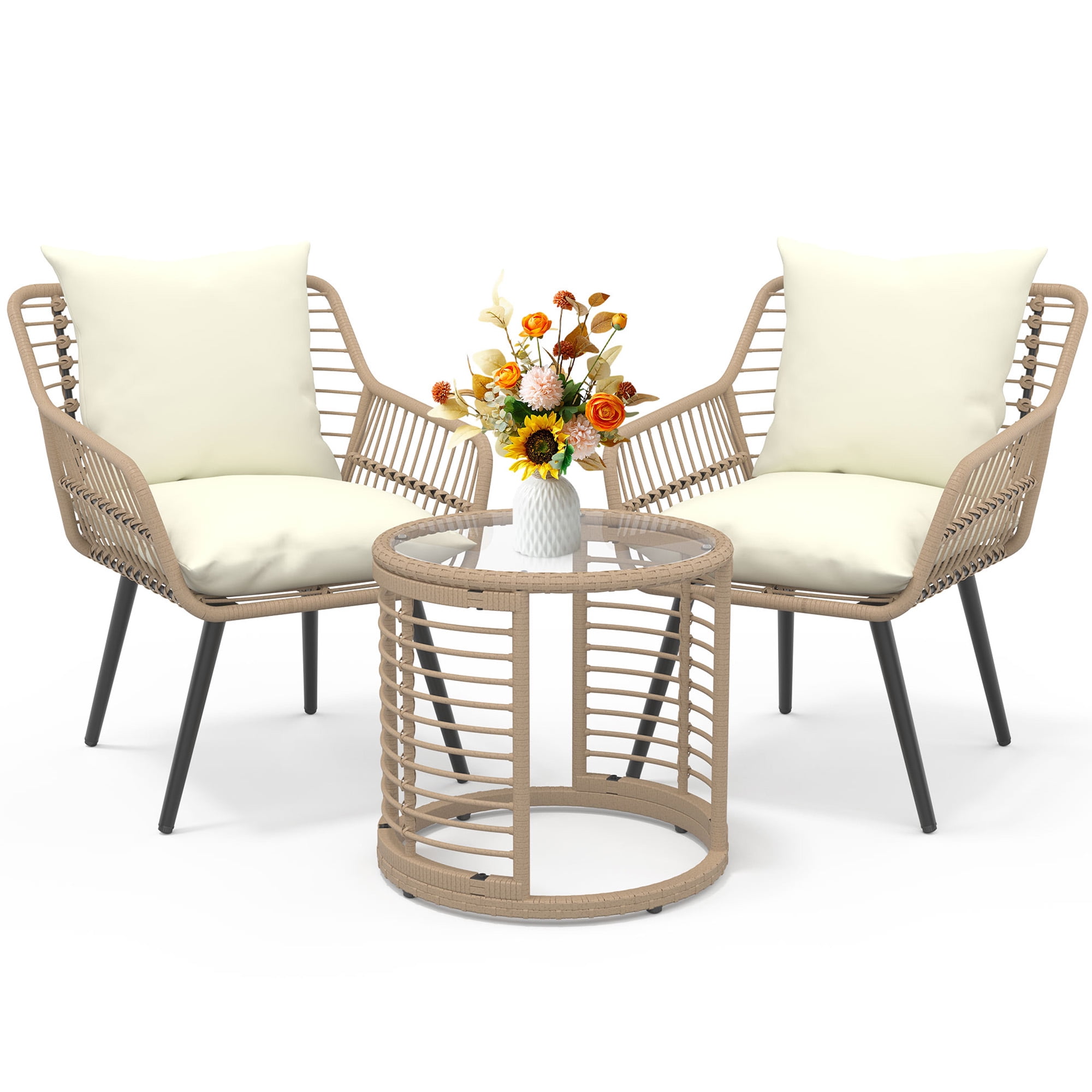Ainfox 3-Piece Steel Outdoor Bistro Set, Indoor/Outdoor Metal Chairs & Glass Top Table, Beige - Walmart.com