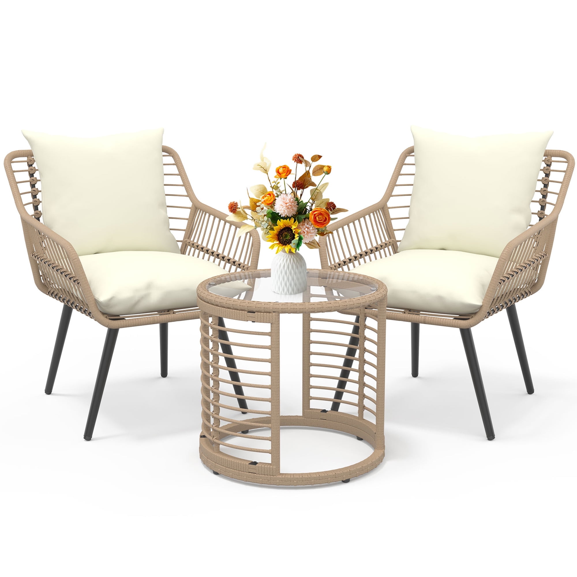 Walmart Black Friday Deals 2025 - Ainfox 3-Piece Steel Outdoor Bistro Set, Beige Metal Chairs, Glass Top Table
