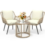Ainfox 3-Piece Steel Outdoor Bistro Sets with Metal Chairs and Glass Top Table, Beige