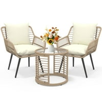 Ainfox 3-Piece Steel Outdoor Bistro Sets with Metal Chairs and Glass Top Table (Beige)