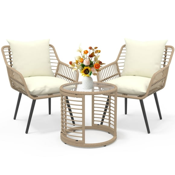 Ainfox 3-Piece Steel Outdoor Bistro Sets with Metal Chairs and Glass Top Table, Beige