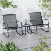 Ainfox Patio Bistro Sets 3 Piece Steel Outdoor Bistro Sets with 2 Rocking Chairs and Glass Coffee Table, Gray
