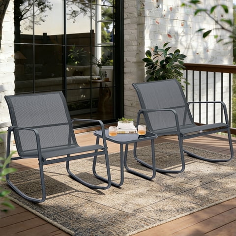 Ainfox 3 Piece Gray Patio Bistro Set, Outdoor Rocking Chairs with Glass Coffee Table, Gray Steel Frame Furniture for Balcony Porch Garden