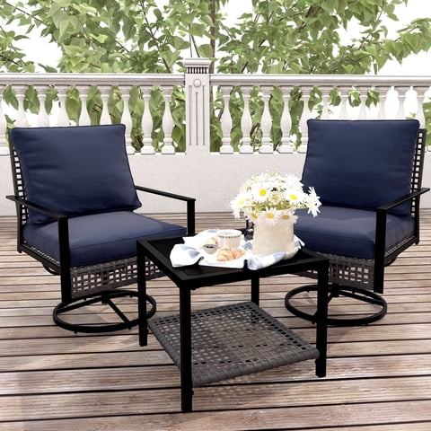 Ainfox Premium Patio Swivel Bistro Set,Wicker Rattan Rocking Chairs w/Glass Top Table & Cushions,Gray