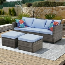 Ainfox 3 Pieces Patio Furniture Seating Set, Outdoor Sectional Conversation Set, Wicker Rattan Chairs Sofa Sets (Blue)