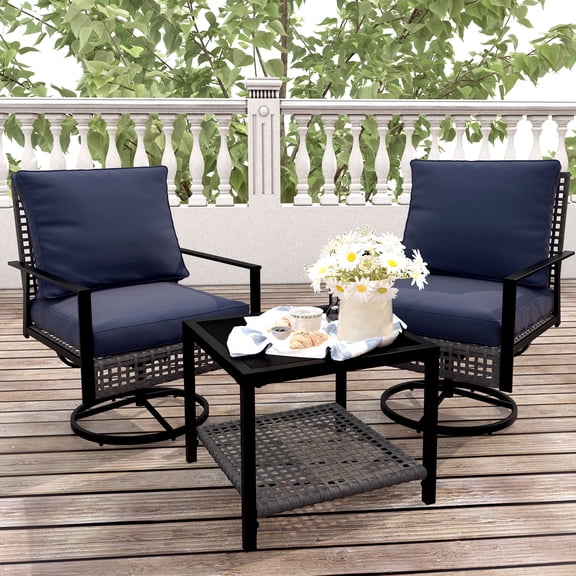 Ainfox Premium Patio Swivel Bistro Set,3-Piece Ourdoor Furniture Set,Wicker Rattan Coversation Rocking Chairs w/Glass Top Table & Cushions,Grey